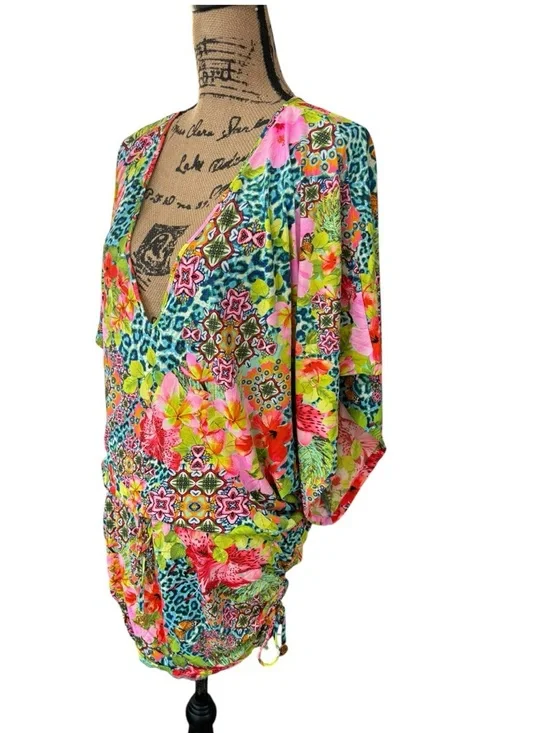 Luli Fama Cabana V-Neck Dress Swimsuit Cover-Up Floral Tropical Size Small - Picture 9 of 9